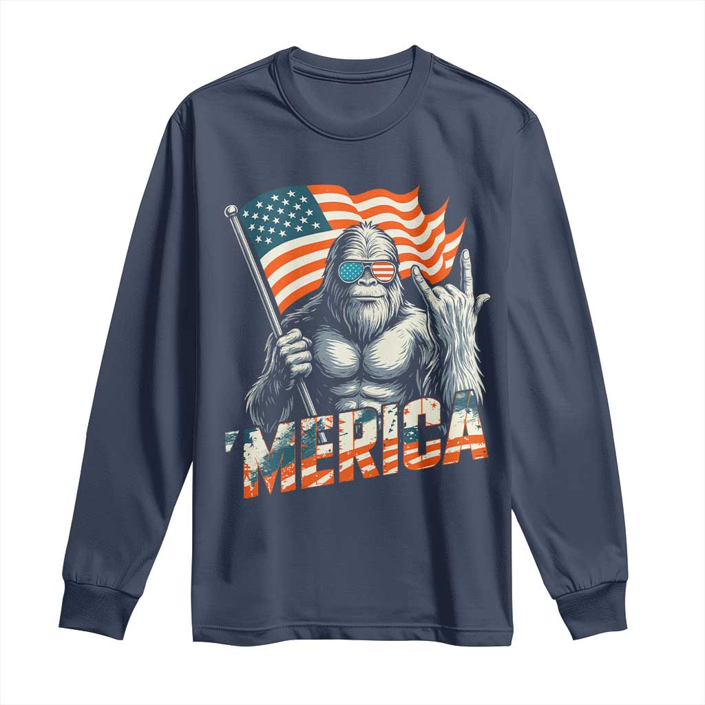 Funny Bigfoot Merica 4th Of July Long Sleeve Shirt American Flag Patriotic Sasquatch - Wonder Print Shop