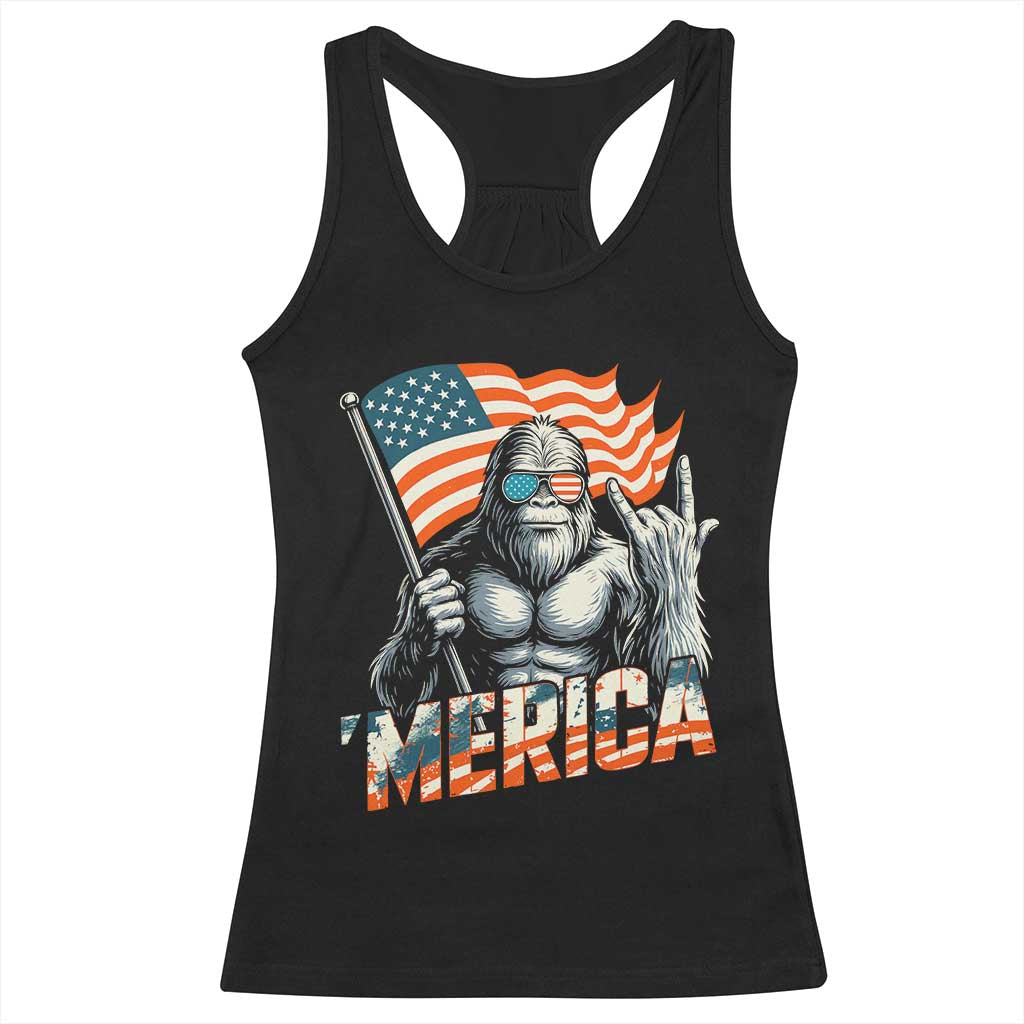 Funny Bigfoot Merica 4th Of July Racerback Tank Top American Flag Patriotic Sasquatch - Wonder Print Shop