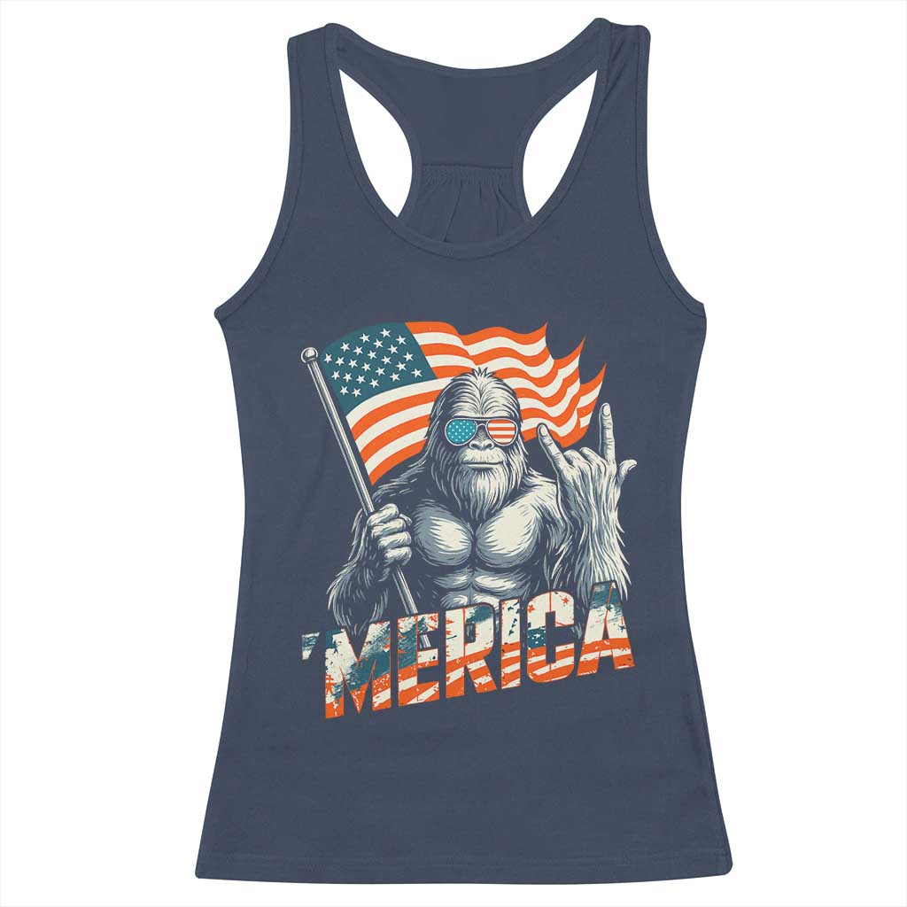 Funny Bigfoot Merica 4th Of July Racerback Tank Top American Flag Patriotic Sasquatch - Wonder Print Shop