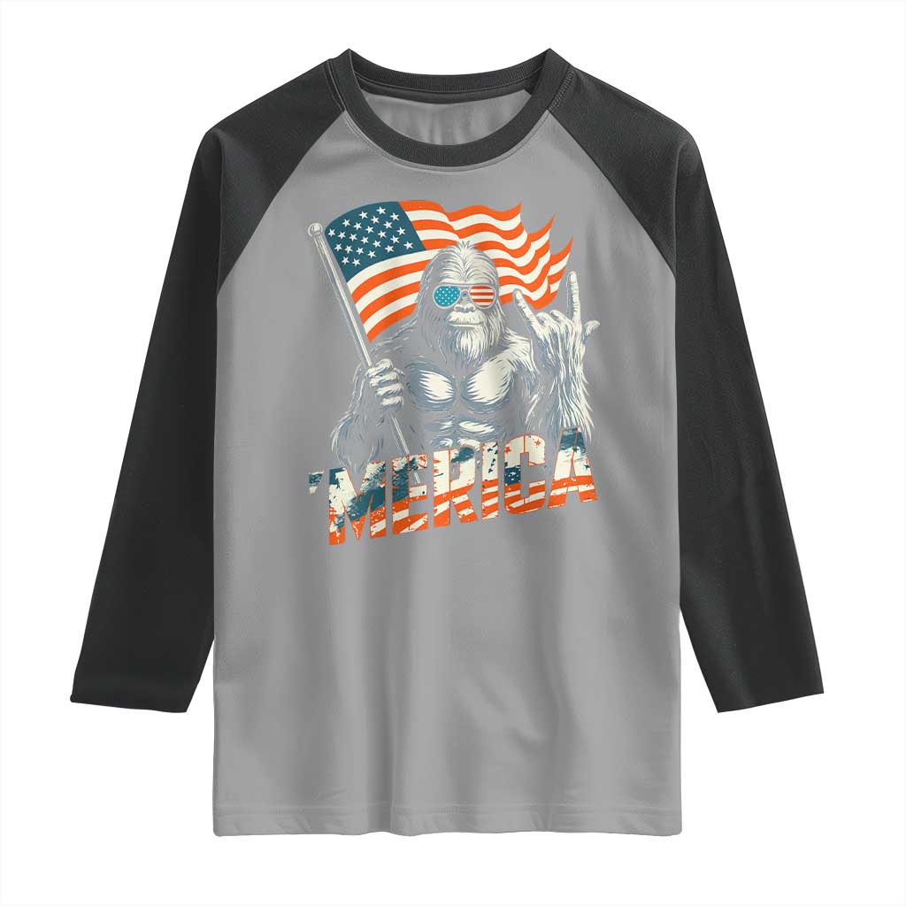 Funny Bigfoot Merica 4th Of July Raglan Shirt American Flag Patriotic Sasquatch - Wonder Print Shop
