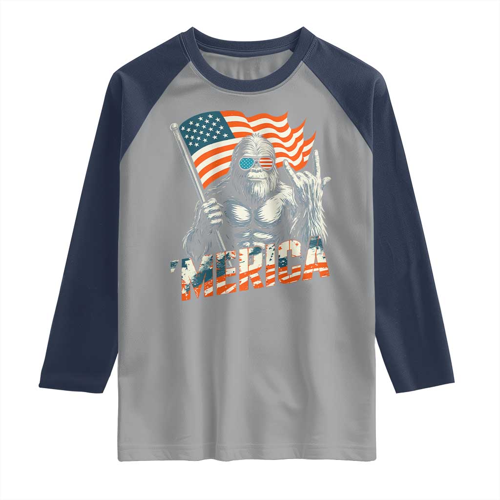 Funny Bigfoot Merica 4th Of July Raglan Shirt American Flag Patriotic Sasquatch - Wonder Print Shop