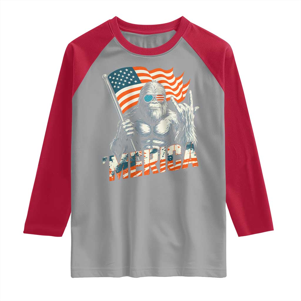 Funny Bigfoot Merica 4th Of July Raglan Shirt American Flag Patriotic Sasquatch - Wonder Print Shop