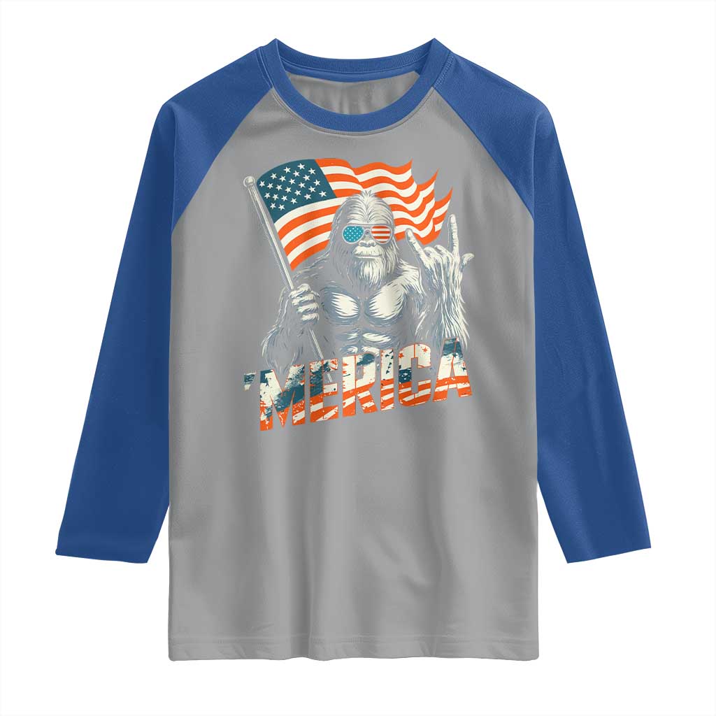 Funny Bigfoot Merica 4th Of July Raglan Shirt American Flag Patriotic Sasquatch - Wonder Print Shop