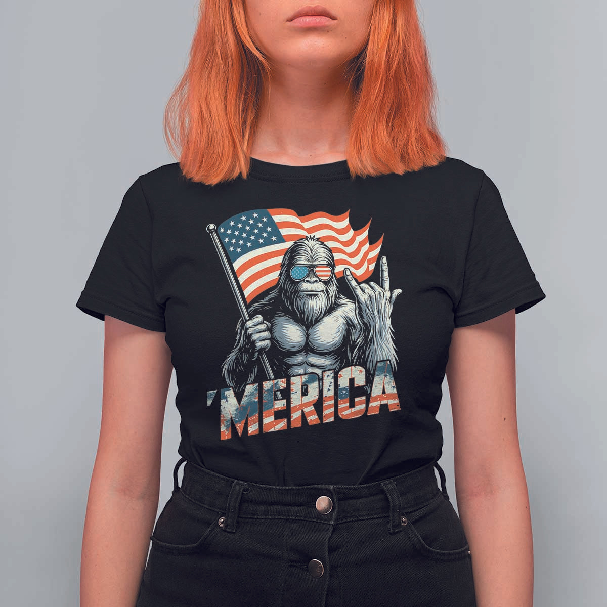 Funny Bigfoot Merica 4th Of July T Shirt For Women American Flag Patriotic Sasquatch - Wonder Print Shop