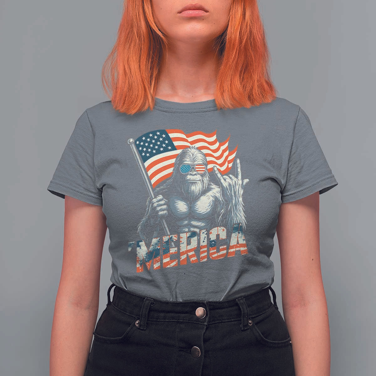Funny Bigfoot Merica 4th Of July T Shirt For Women American Flag Patriotic Sasquatch - Wonder Print Shop