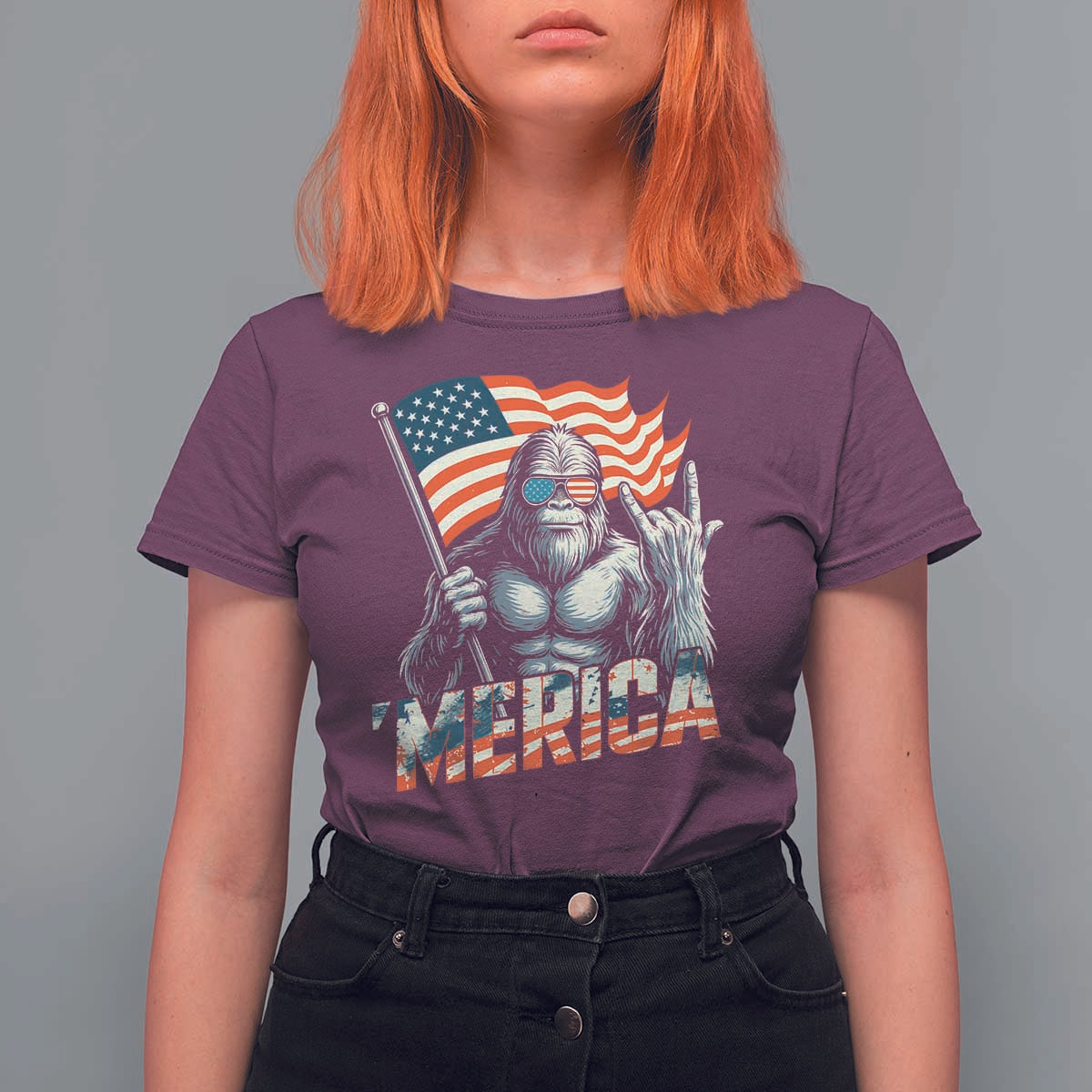 Funny Bigfoot Merica 4th Of July T Shirt For Women American Flag Patriotic Sasquatch - Wonder Print Shop