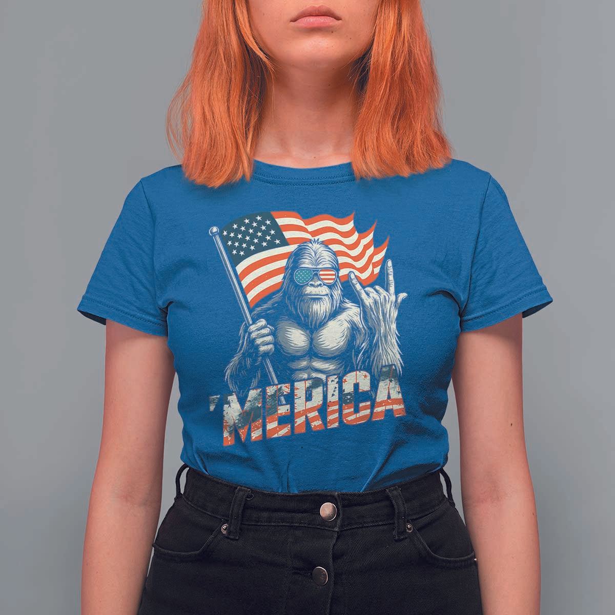 Funny Bigfoot Merica 4th Of July T Shirt For Women American Flag Patriotic Sasquatch - Wonder Print Shop