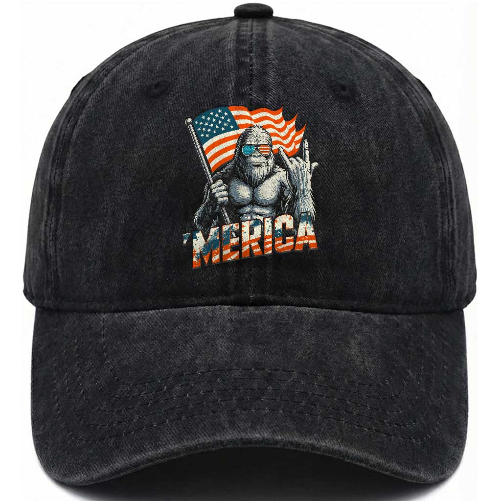Funny Bigfoot Merica 4th Of July Washed Cotton Baseball Cap American Flag Patriotic Sasquatch