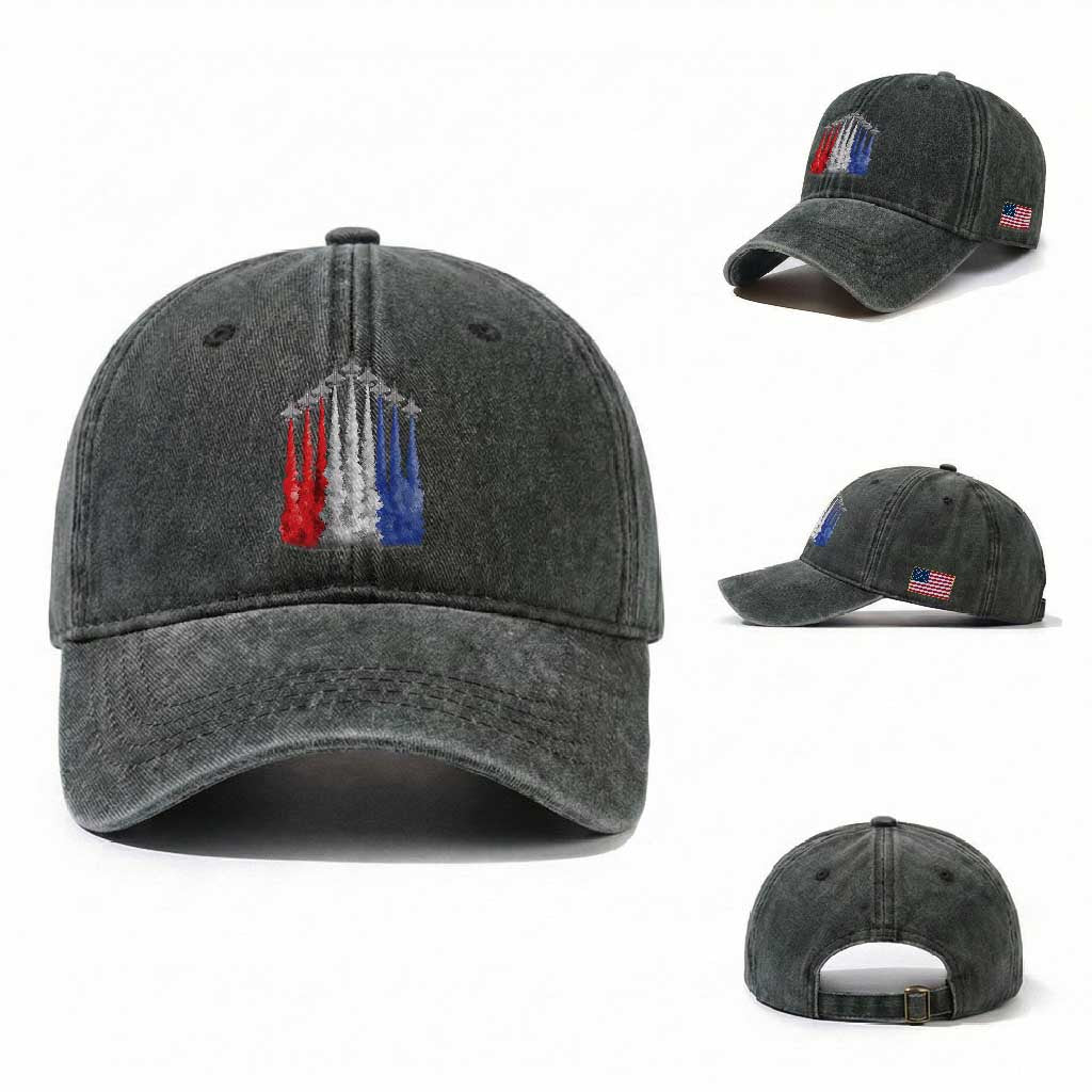 Funny Fighter Jet Airplane American Flag 4th Of July Washed Cotton Baseball Cap