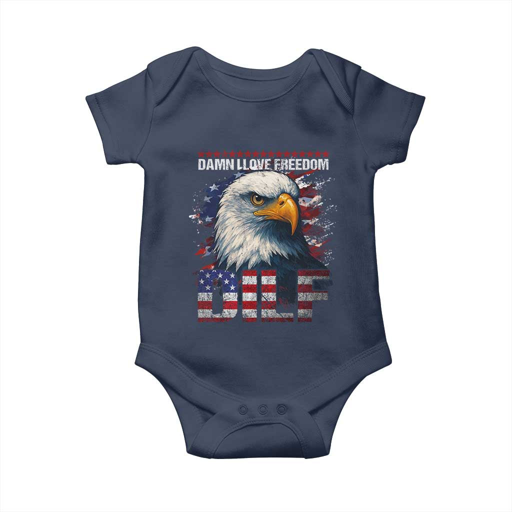 Funny 4th Of July DILF Damn I Love Freedom Baby Onesie Vintage Bald Eagle 4th Of July - Wonder Print Shop