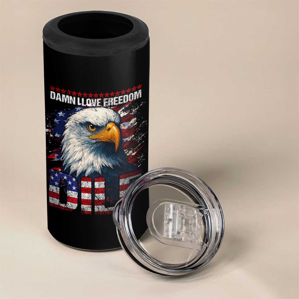 Funny 4th Of July DILF Damn I Love Freedom 4 in 1 Can Cooler Tumbler Vintage Bald Eagle 4th Of July - Wonder Print Shop
