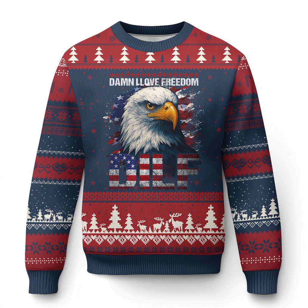 Funny 4th Of July DILF Damn I Love Freedom Ugly Christmas Sweater Vintage Bald Eagle 4th Of July - Wonder Print Shop