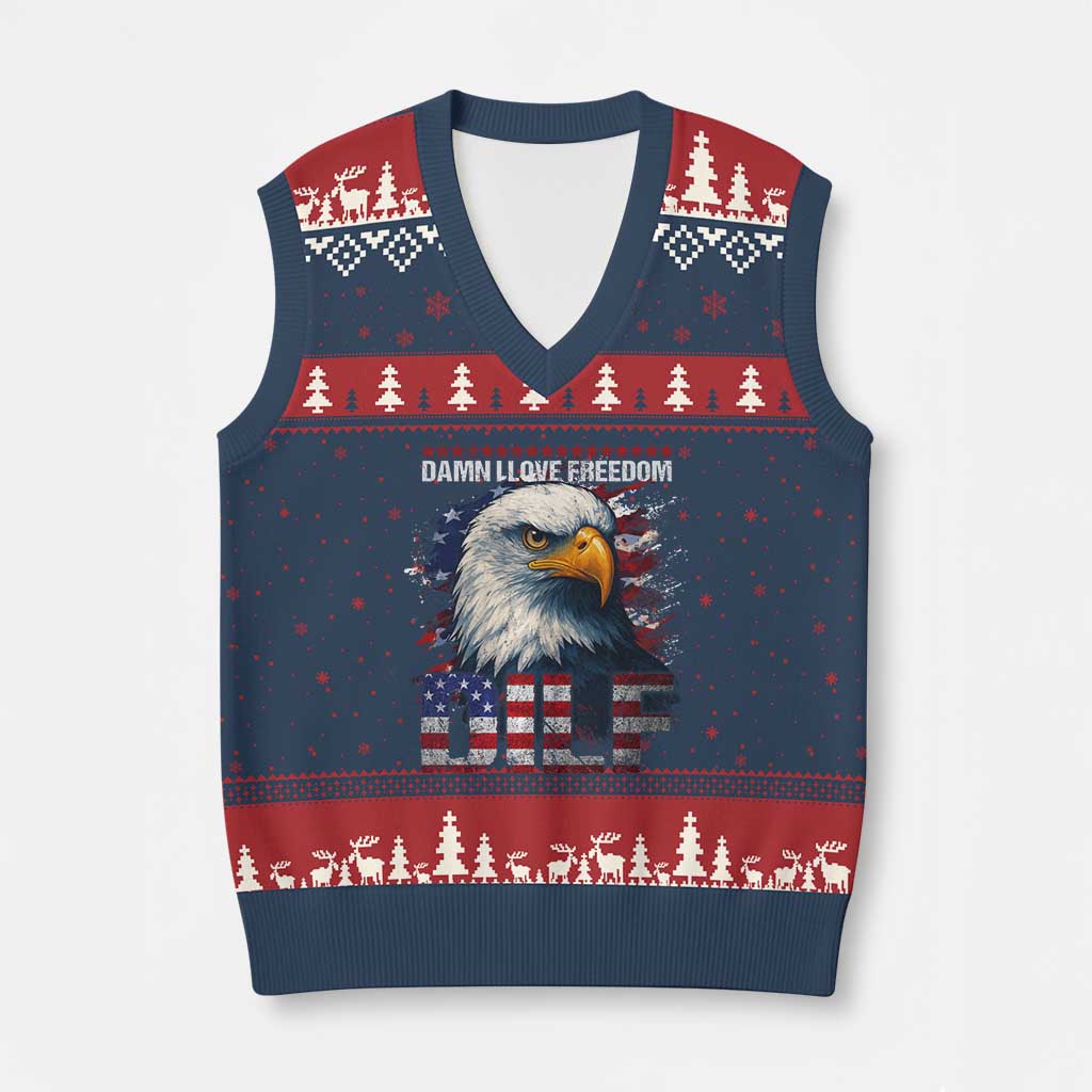 Funny 4th Of July DILF Damn I Love Freedom V-Neck Knit Sweater Vest Vintage Bald Eagle 4th Of July - Wonder Print Shop