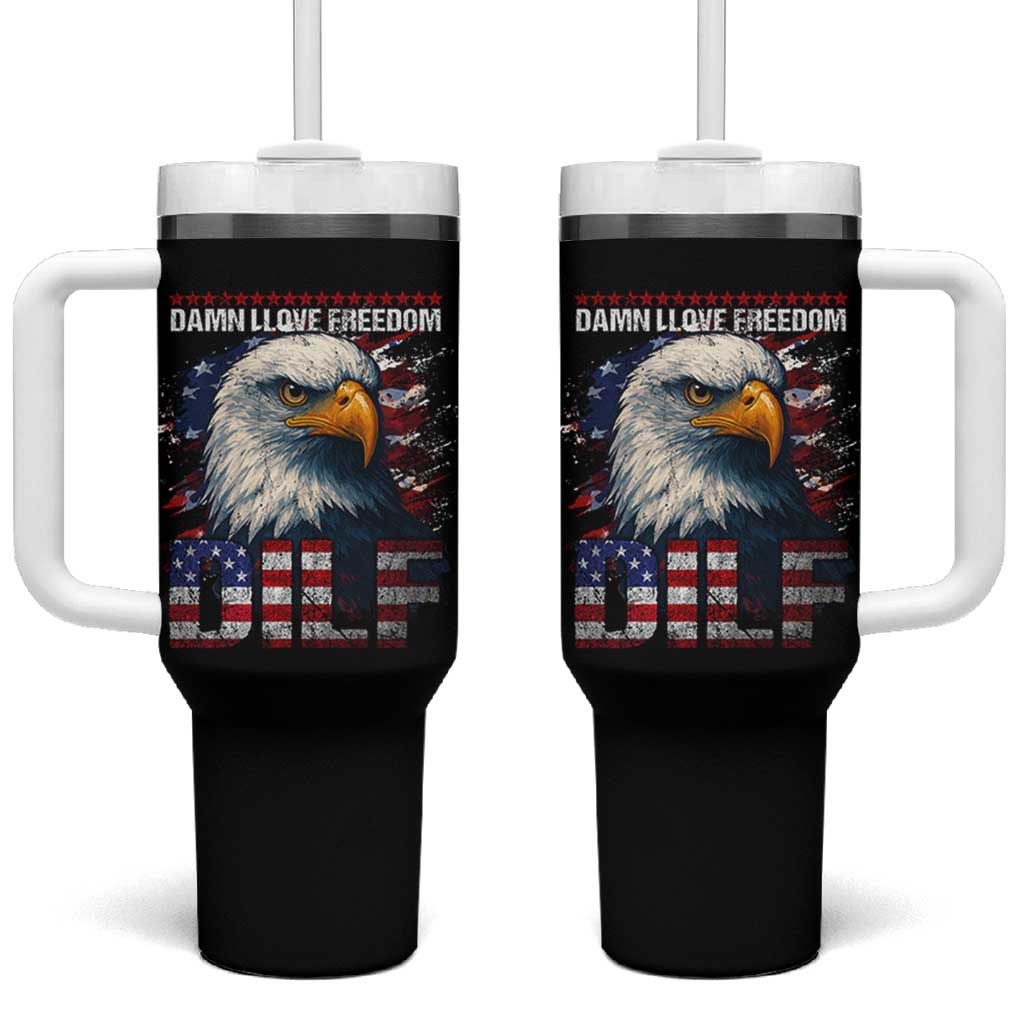 Funny 4th Of July DILF Damn I Love Freedom Tumbler With Handle Vintage Bald Eagle 4th Of July - Wonder Print Shop