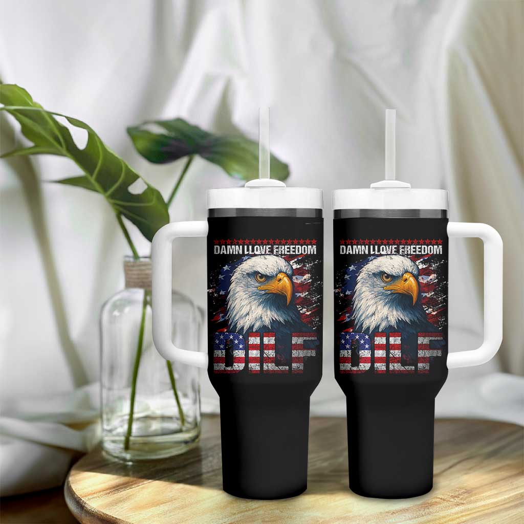Funny 4th Of July DILF Damn I Love Freedom Tumbler With Handle Vintage Bald Eagle 4th Of July - Wonder Print Shop