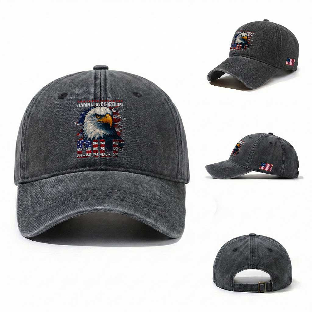 Funny 4th Of July DILF Damn I Love Freedom Washed Cotton Baseball Cap Vintage Bald Eagle 4th Of July
