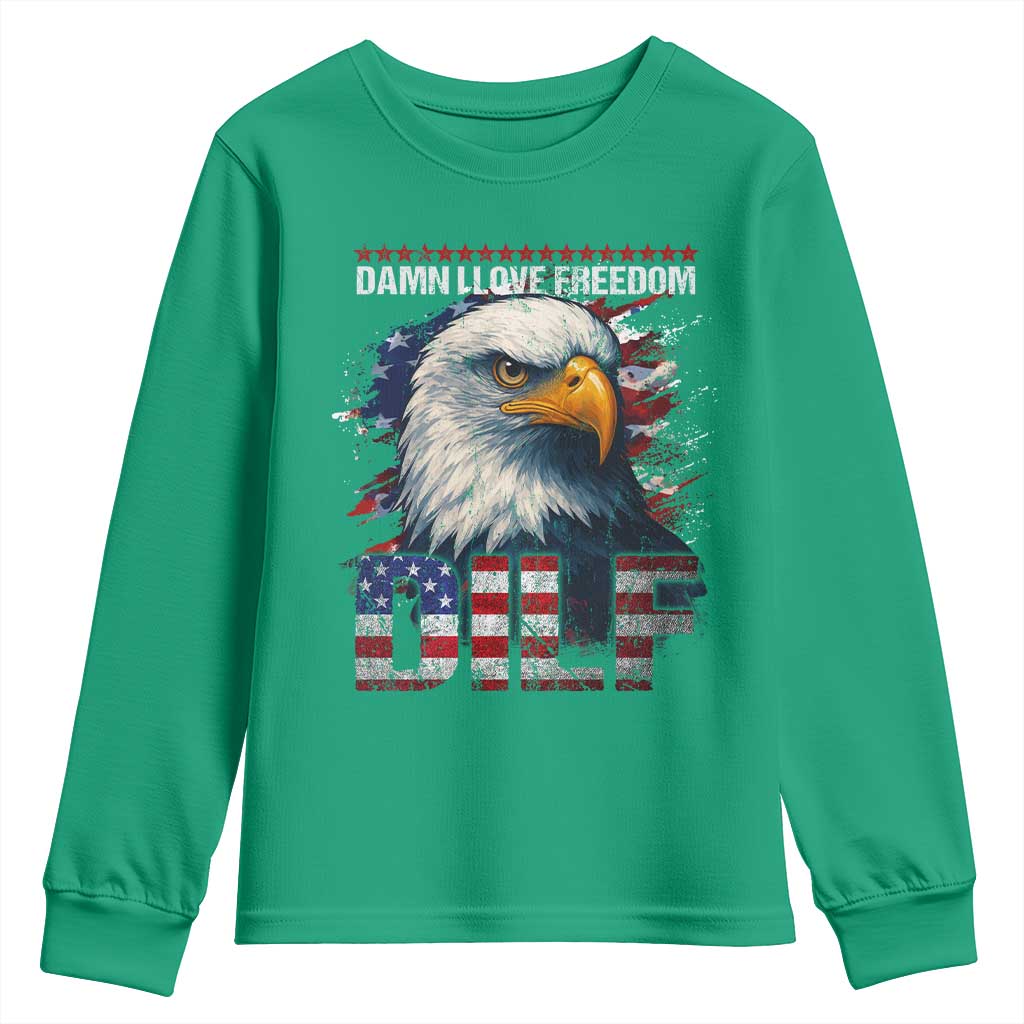 Funny 4th Of July DILF Damn I Love Freedom Youth Sweatshirt Vintage Bald Eagle 4th Of July - Wonder Print Shop