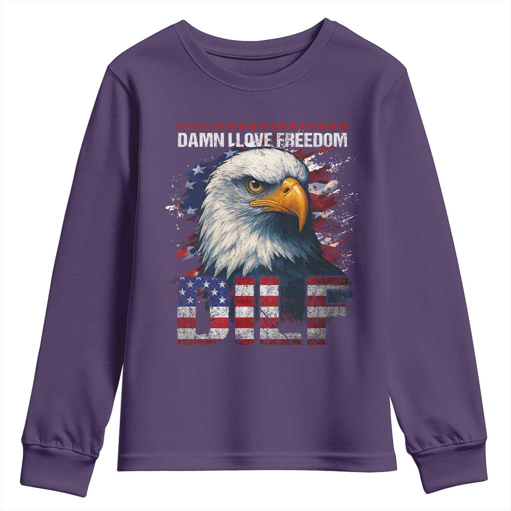 Funny 4th Of July DILF Damn I Love Freedom Youth Sweatshirt Vintage Bald Eagle 4th Of July - Wonder Print Shop