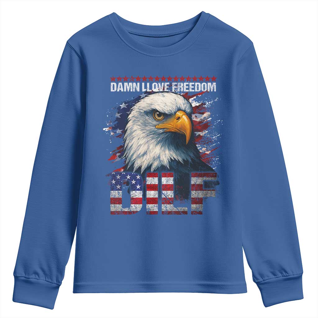 Funny 4th Of July DILF Damn I Love Freedom Youth Sweatshirt Vintage Bald Eagle 4th Of July - Wonder Print Shop
