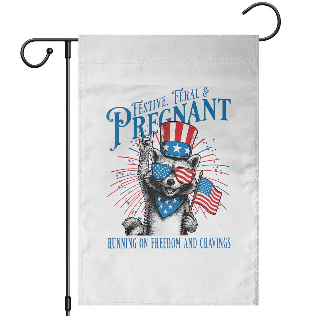 Funny Festive Feral and Pregnant Garden Flag Running On Freedom And Cravings 4th of July Maternity Raccoon - Wonder Print Shop