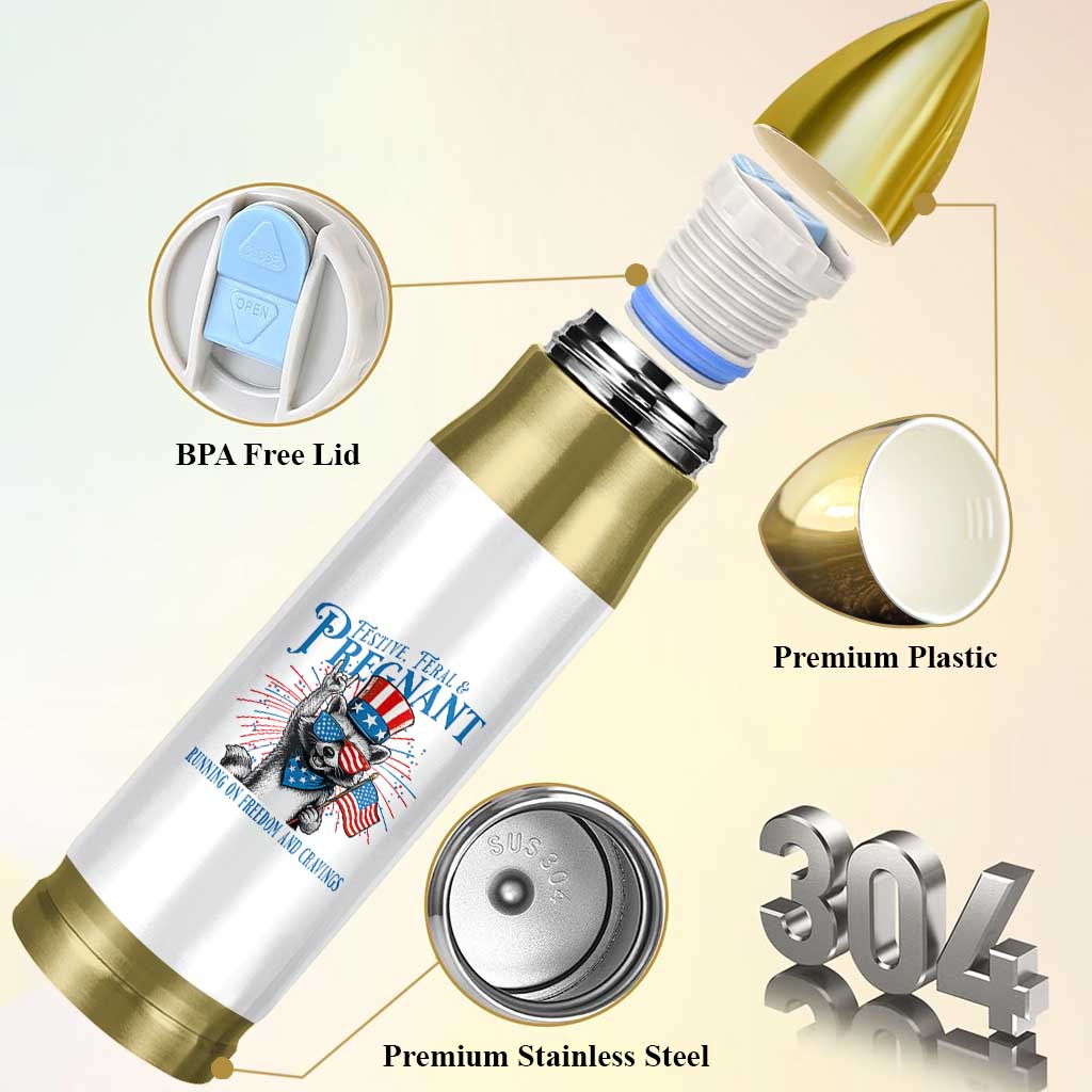 Funny Festive Feral and Pregnant Bullet Tumbler Running On Freedom And Cravings 4th of July Maternity Raccoon - Wonder Print Shop