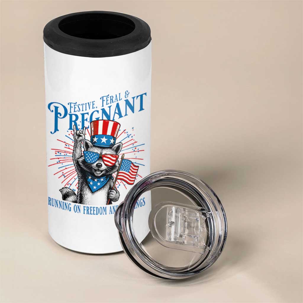 Funny Festive Feral and Pregnant 4 in 1 Can Cooler Tumbler Running On Freedom And Cravings 4th of July Maternity Raccoon - Wonder Print Shop