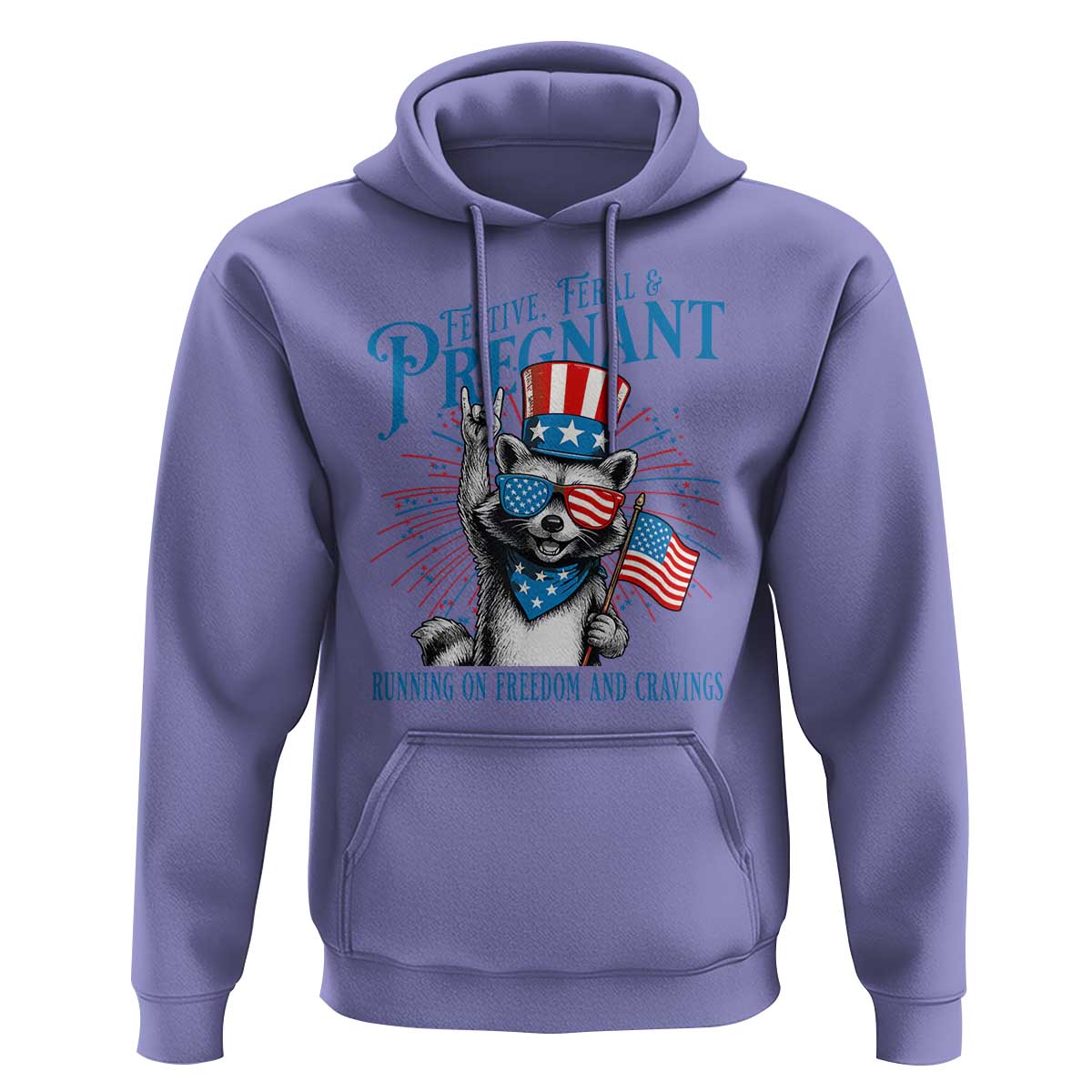 Funny Festive Feral and Pregnant Hoodie Running On Freedom And Cravings 4th of July Maternity Raccoon - Wonder Print Shop