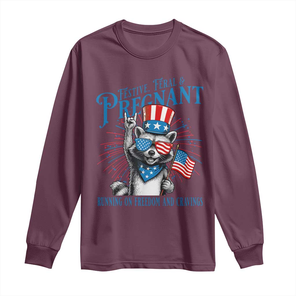 Funny Festive Feral and Pregnant Long Sleeve Shirt Running On Freedom And Cravings 4th of July Maternity Raccoon - Wonder Print Shop