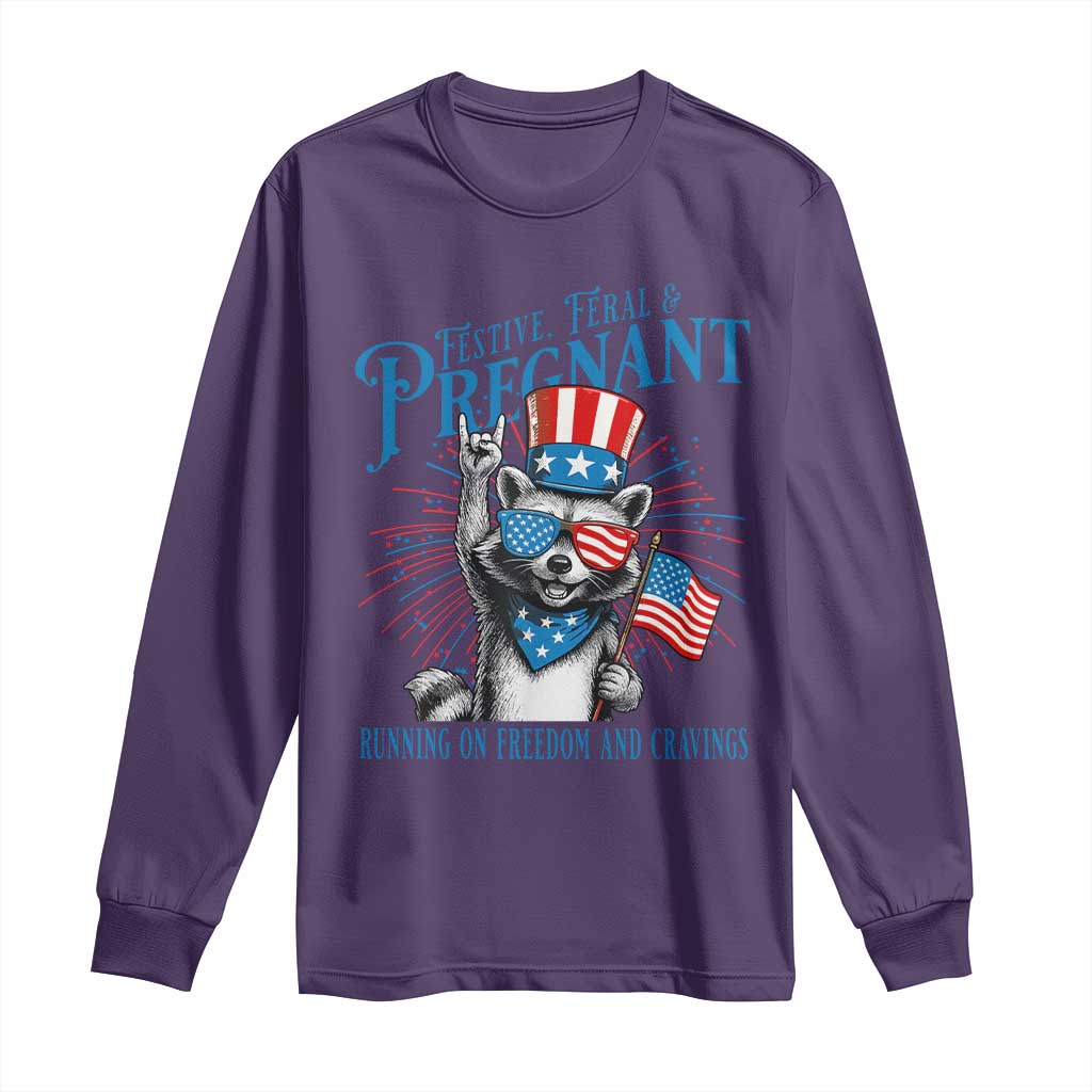 Funny Festive Feral and Pregnant Long Sleeve Shirt Running On Freedom And Cravings 4th of July Maternity Raccoon - Wonder Print Shop