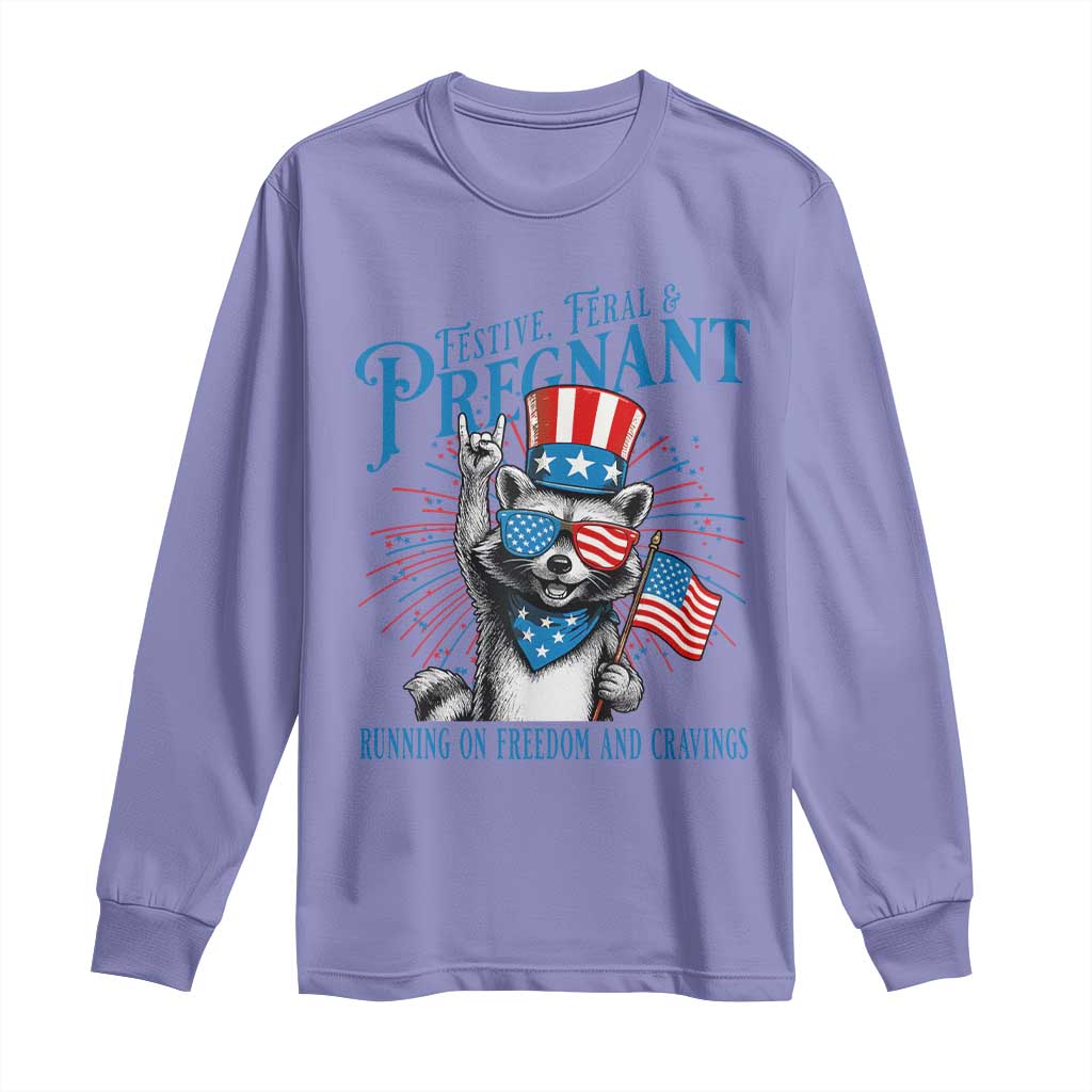 Funny Festive Feral and Pregnant Long Sleeve Shirt Running On Freedom And Cravings 4th of July Maternity Raccoon - Wonder Print Shop