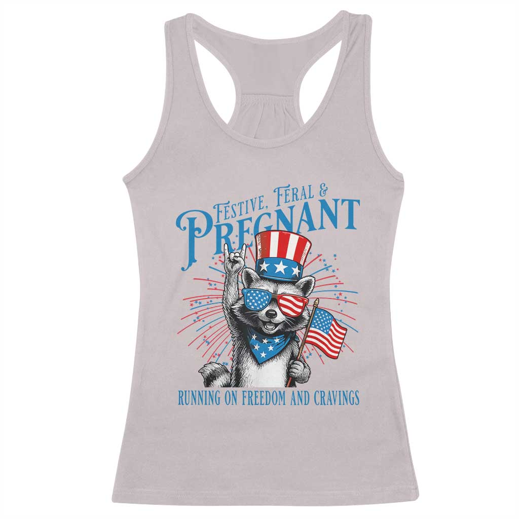 Funny Festive Feral and Pregnant Racerback Tank Top Running On Freedom And Cravings 4th of July Maternity Raccoon - Wonder Print Shop