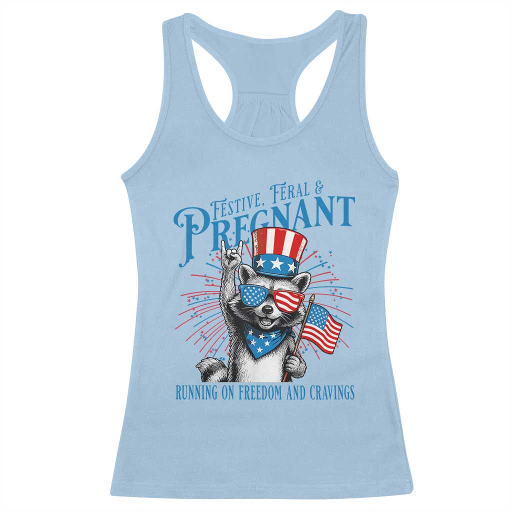 Funny Festive Feral and Pregnant Racerback Tank Top Running On Freedom And Cravings 4th of July Maternity Raccoon - Wonder Print Shop