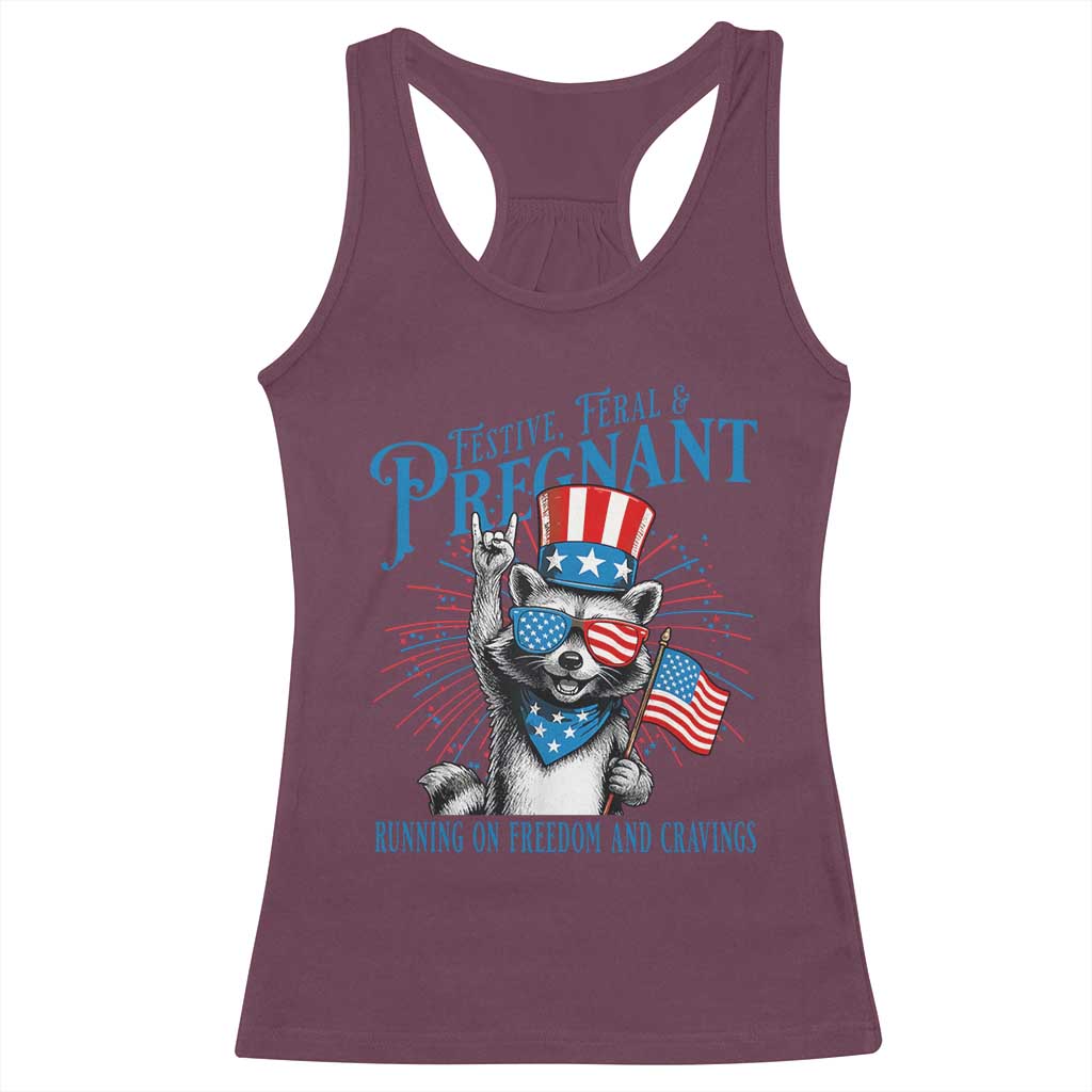 Funny Festive Feral and Pregnant Racerback Tank Top Running On Freedom And Cravings 4th of July Maternity Raccoon - Wonder Print Shop