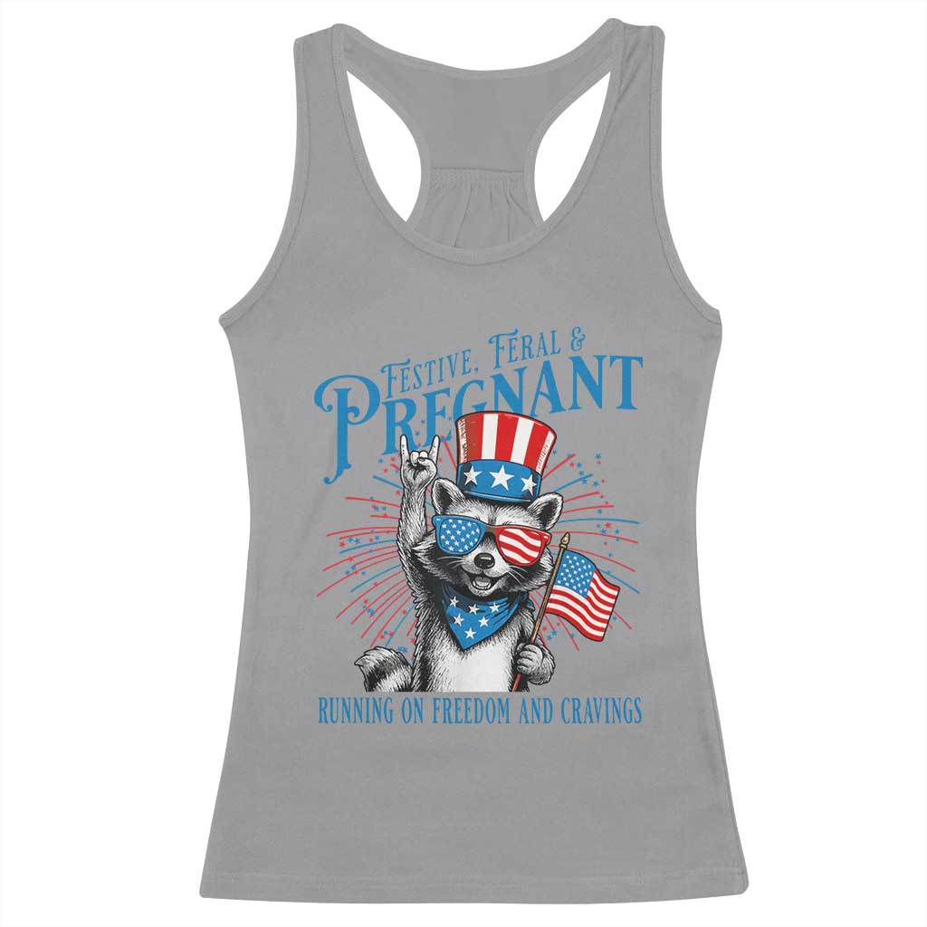 Funny Festive Feral and Pregnant Racerback Tank Top Running On Freedom And Cravings 4th of July Maternity Raccoon - Wonder Print Shop
