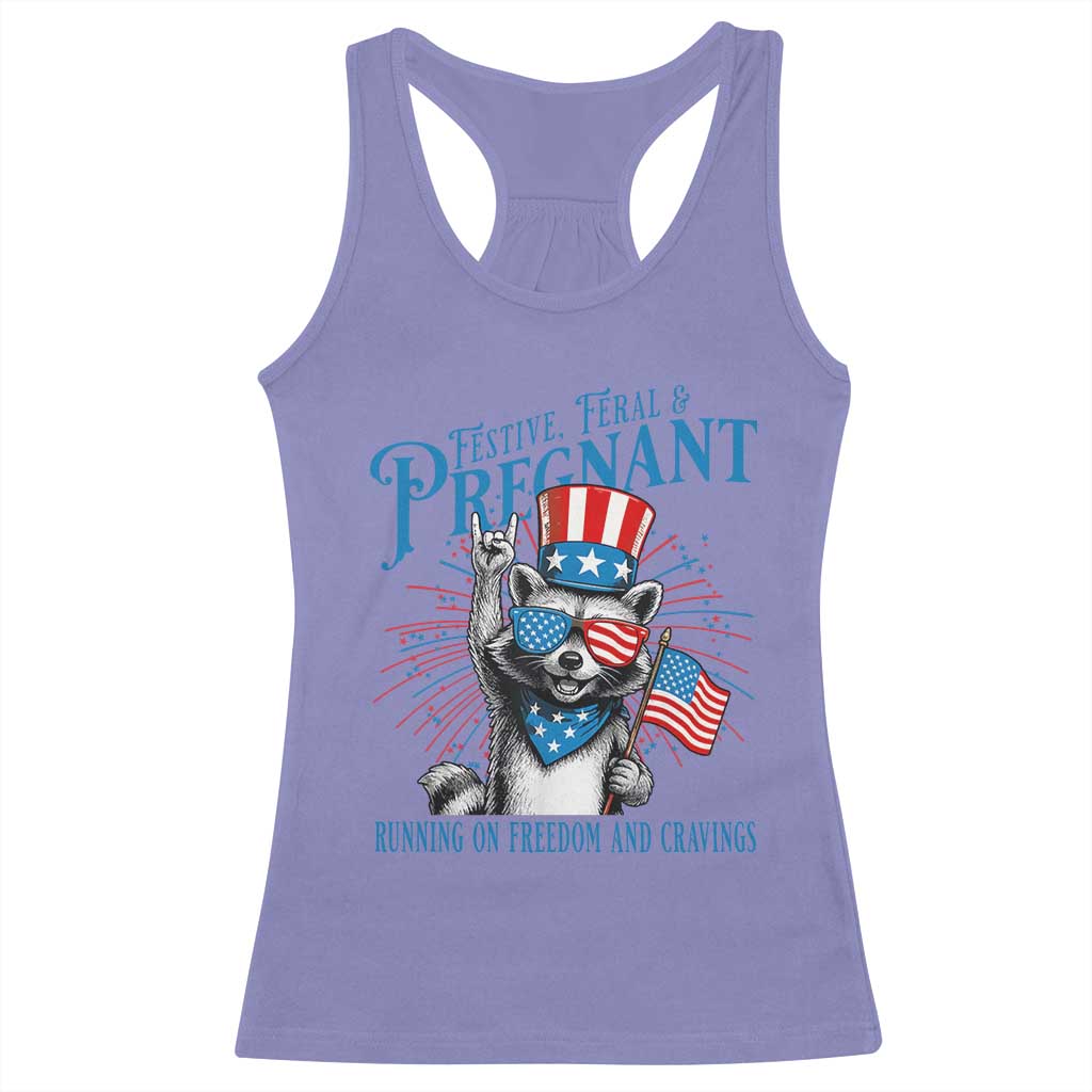 Funny Festive Feral and Pregnant Racerback Tank Top Running On Freedom And Cravings 4th of July Maternity Raccoon - Wonder Print Shop