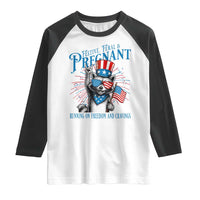 Funny Festive Feral and Pregnant Raglan Shirt Running On Freedom And Cravings 4th of July Maternity Raccoon - Wonder Print Shop