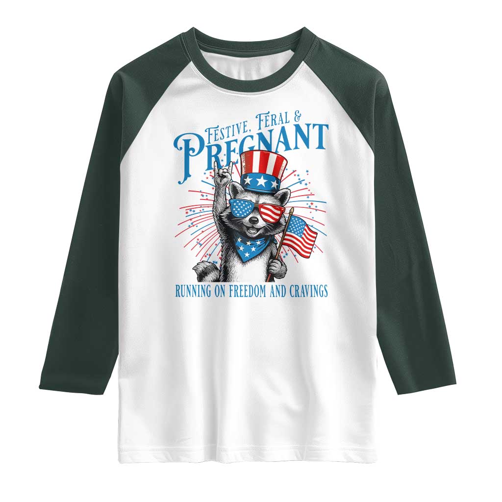 Funny Festive Feral and Pregnant Raglan Shirt Running On Freedom And Cravings 4th of July Maternity Raccoon - Wonder Print Shop