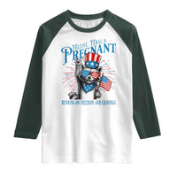 Funny Festive Feral and Pregnant Raglan Shirt Running On Freedom And Cravings 4th of July Maternity Raccoon - Wonder Print Shop