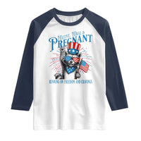 Funny Festive Feral and Pregnant Raglan Shirt Running On Freedom And Cravings 4th of July Maternity Raccoon - Wonder Print Shop