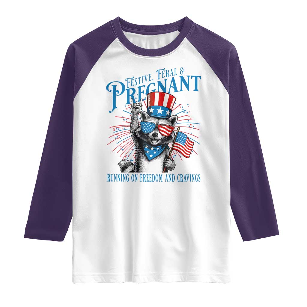 Funny Festive Feral and Pregnant Raglan Shirt Running On Freedom And Cravings 4th of July Maternity Raccoon - Wonder Print Shop