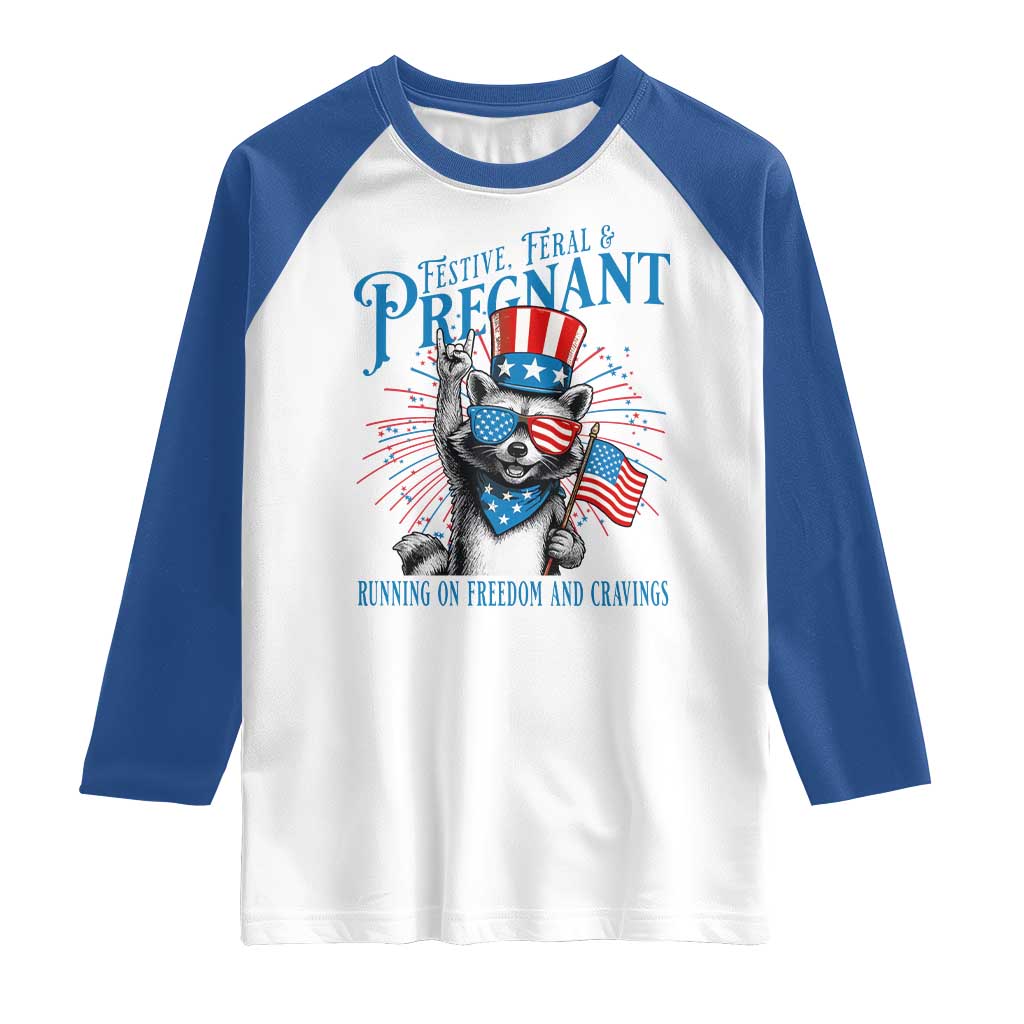 Funny Festive Feral and Pregnant Raglan Shirt Running On Freedom And Cravings 4th of July Maternity Raccoon - Wonder Print Shop