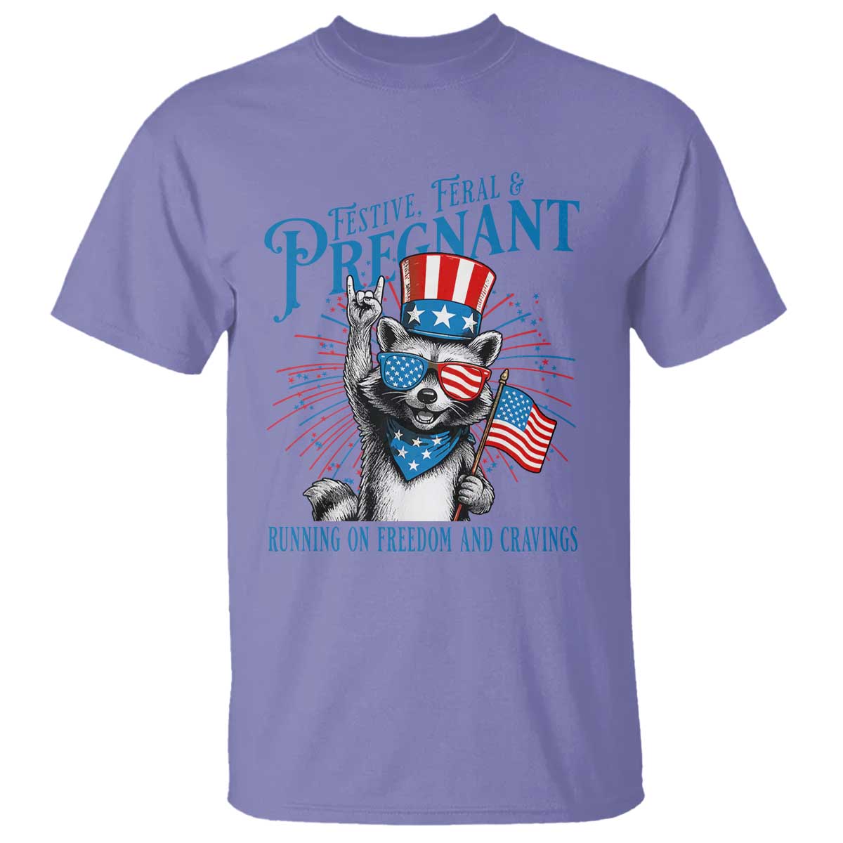 Funny Festive Feral and Pregnant T Shirt Running On Freedom And Cravings 4th of July Maternity Raccoon - Wonder Print Shop