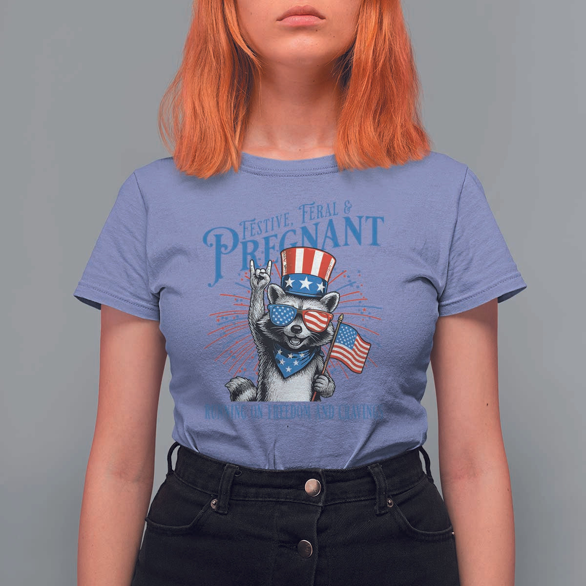 Funny Festive Feral and Pregnant T Shirt For Women Running On Freedom And Cravings 4th of July Maternity Raccoon - Wonder Print Shop