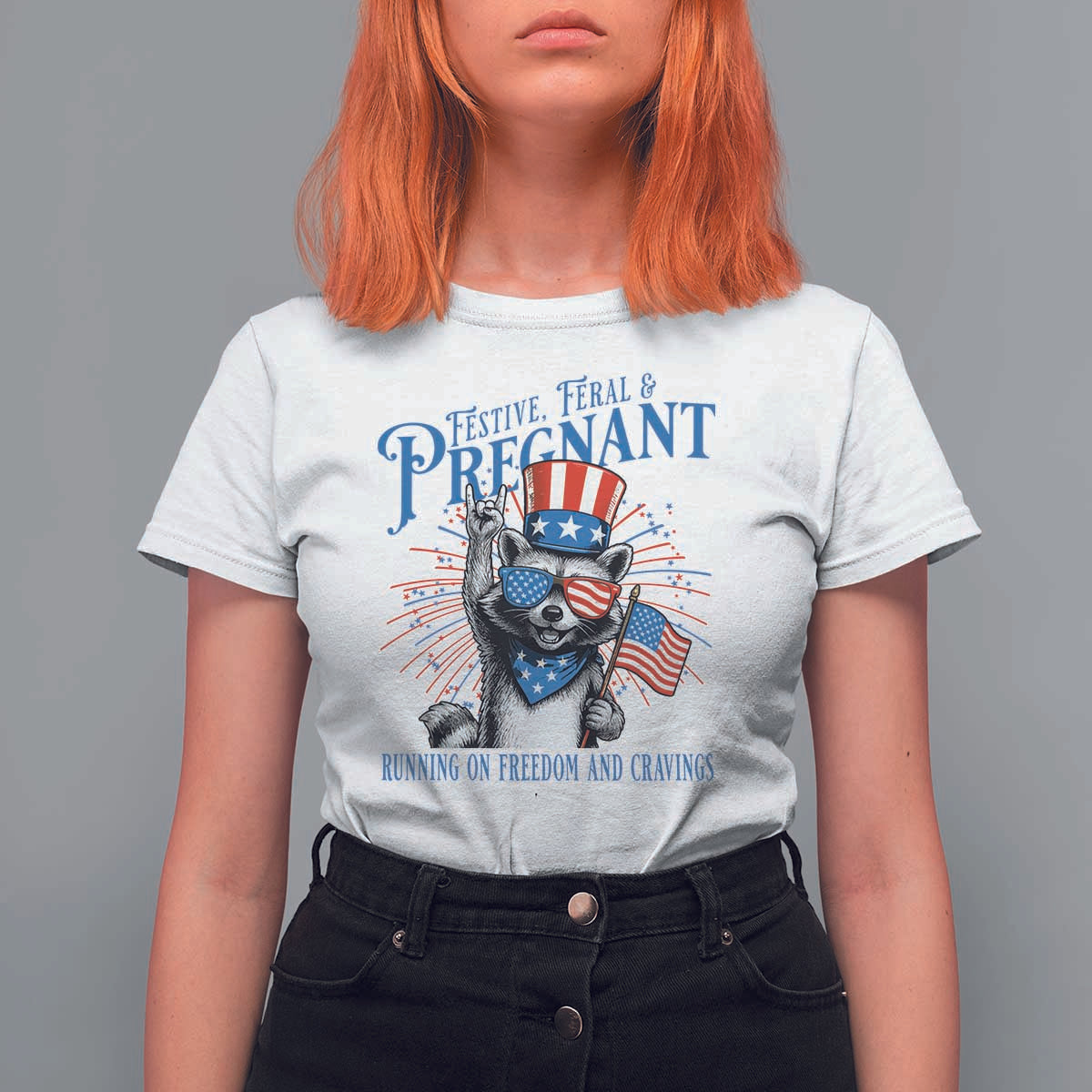 Funny Festive Feral and Pregnant T Shirt For Women Running On Freedom And Cravings 4th of July Maternity Raccoon - Wonder Print Shop