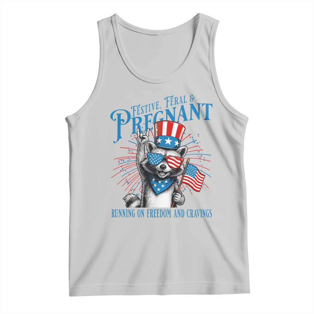 Funny Festive Feral and Pregnant Tank Top Running On Freedom And Cravings 4th of July Maternity Raccoon - Wonder Print Shop