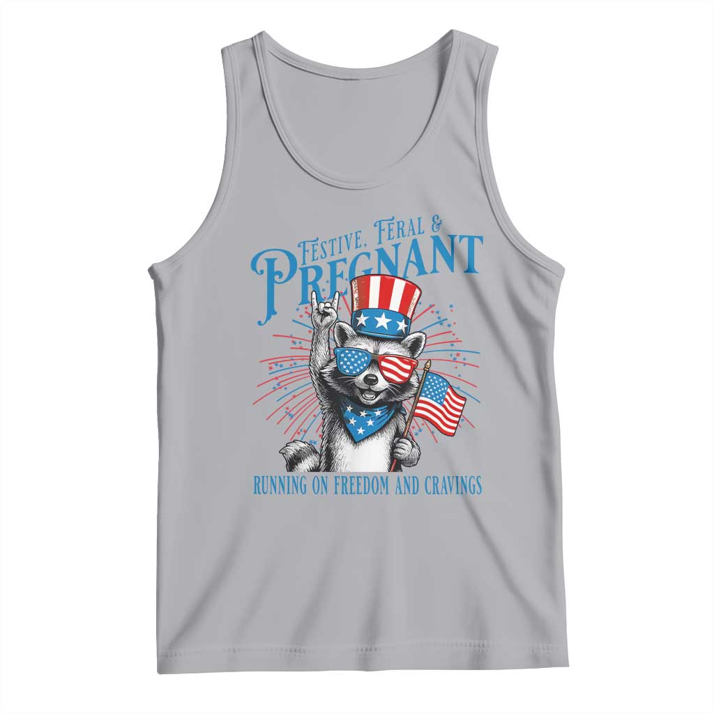 Funny Festive Feral and Pregnant Tank Top Running On Freedom And Cravings 4th of July Maternity Raccoon - Wonder Print Shop