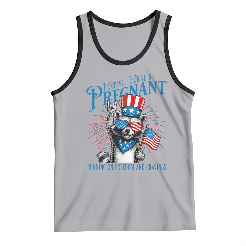 Funny Festive Feral and Pregnant Tank Top Running On Freedom And Cravings 4th of July Maternity Raccoon - Wonder Print Shop