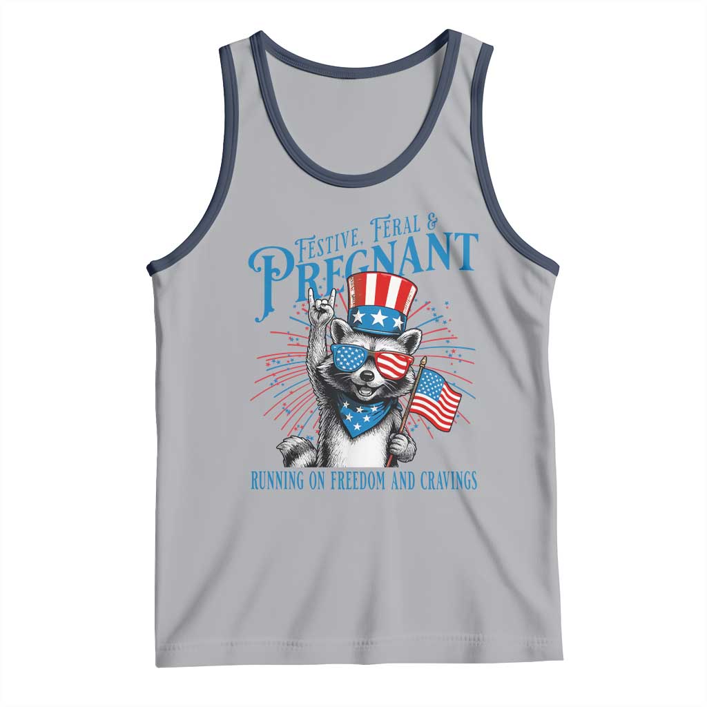 Funny Festive Feral and Pregnant Tank Top Running On Freedom And Cravings 4th of July Maternity Raccoon - Wonder Print Shop
