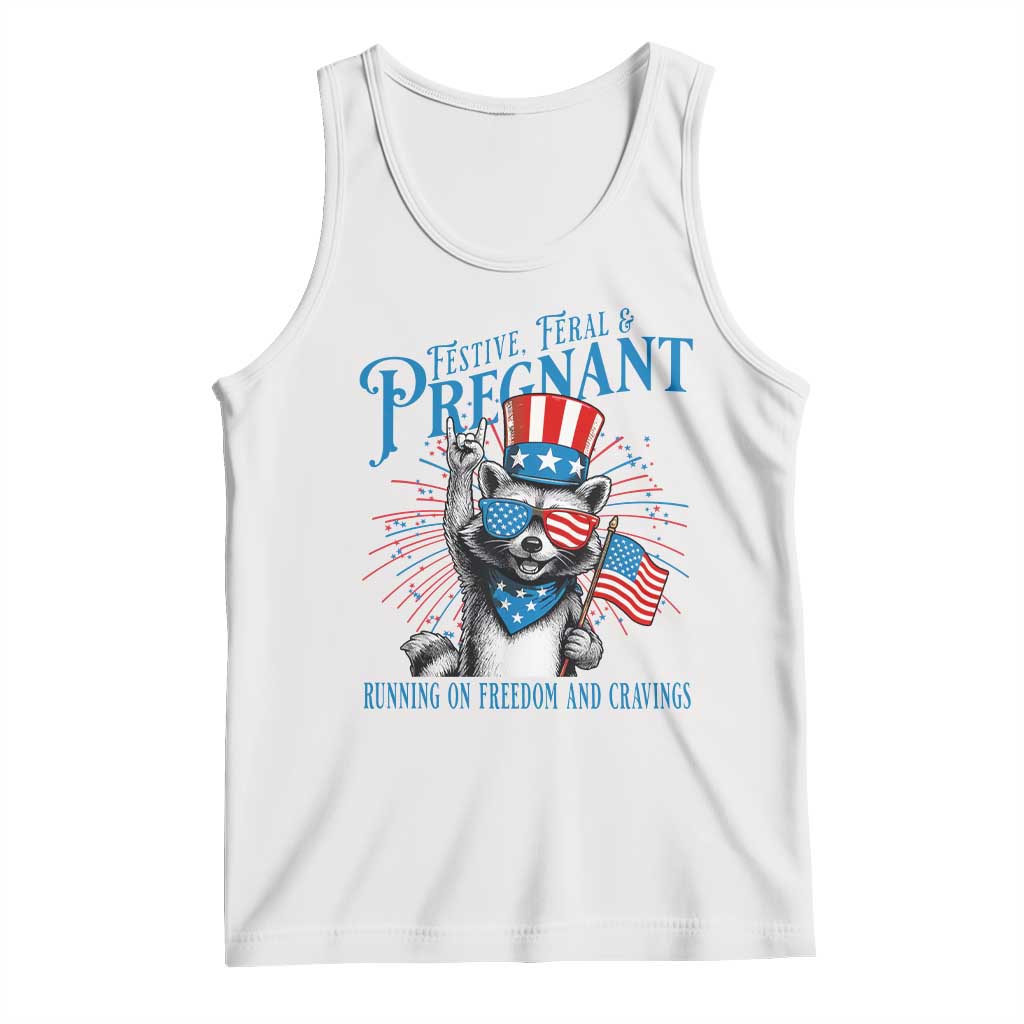 Funny Festive Feral and Pregnant Tank Top Running On Freedom And Cravings 4th of July Maternity Raccoon - Wonder Print Shop