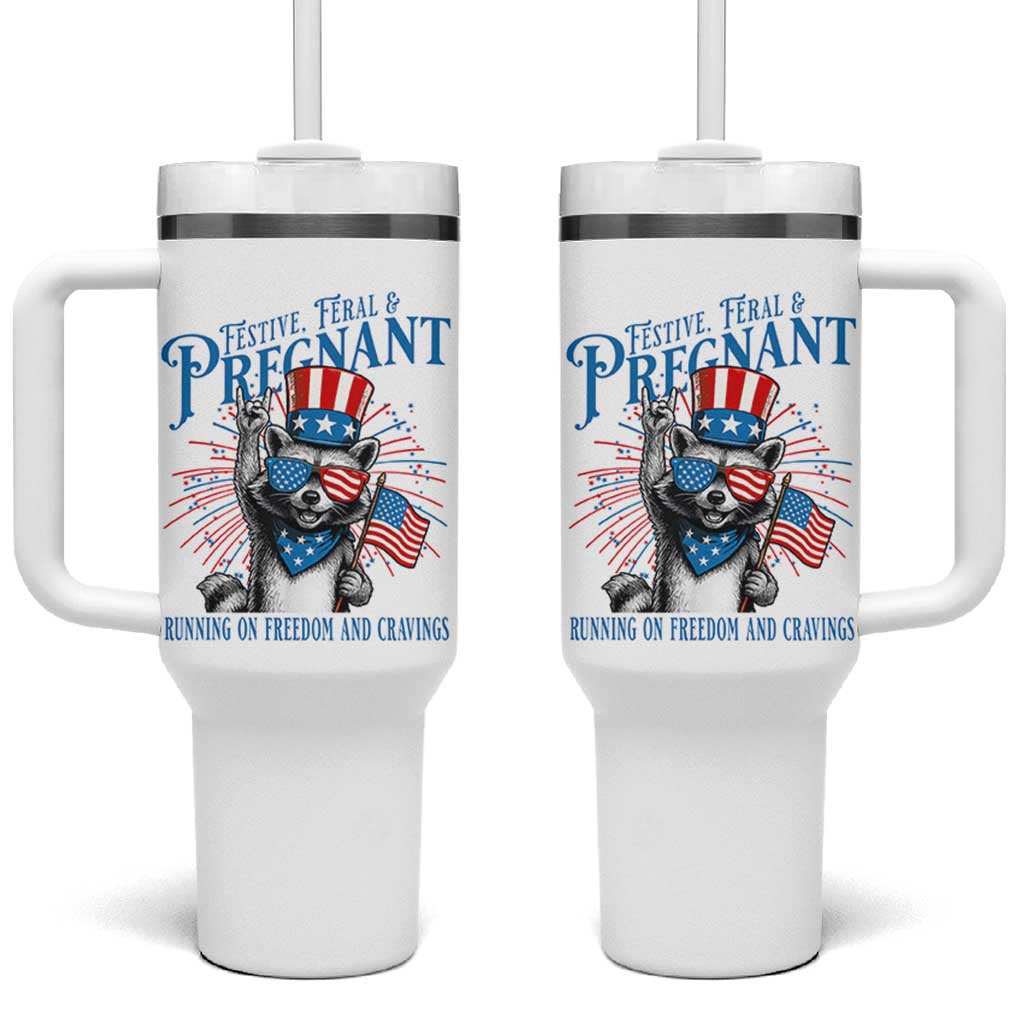 Funny Festive Feral and Pregnant Tumbler With Handle Running On Freedom And Cravings 4th of July Maternity Raccoon - Wonder Print Shop